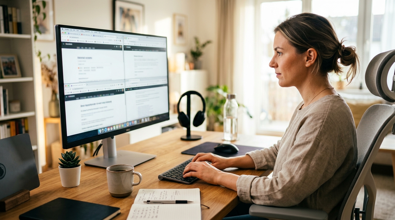 A person seated at a bright, organised home workspace with multiple browser tabs visible on their monitor, hands on keyb