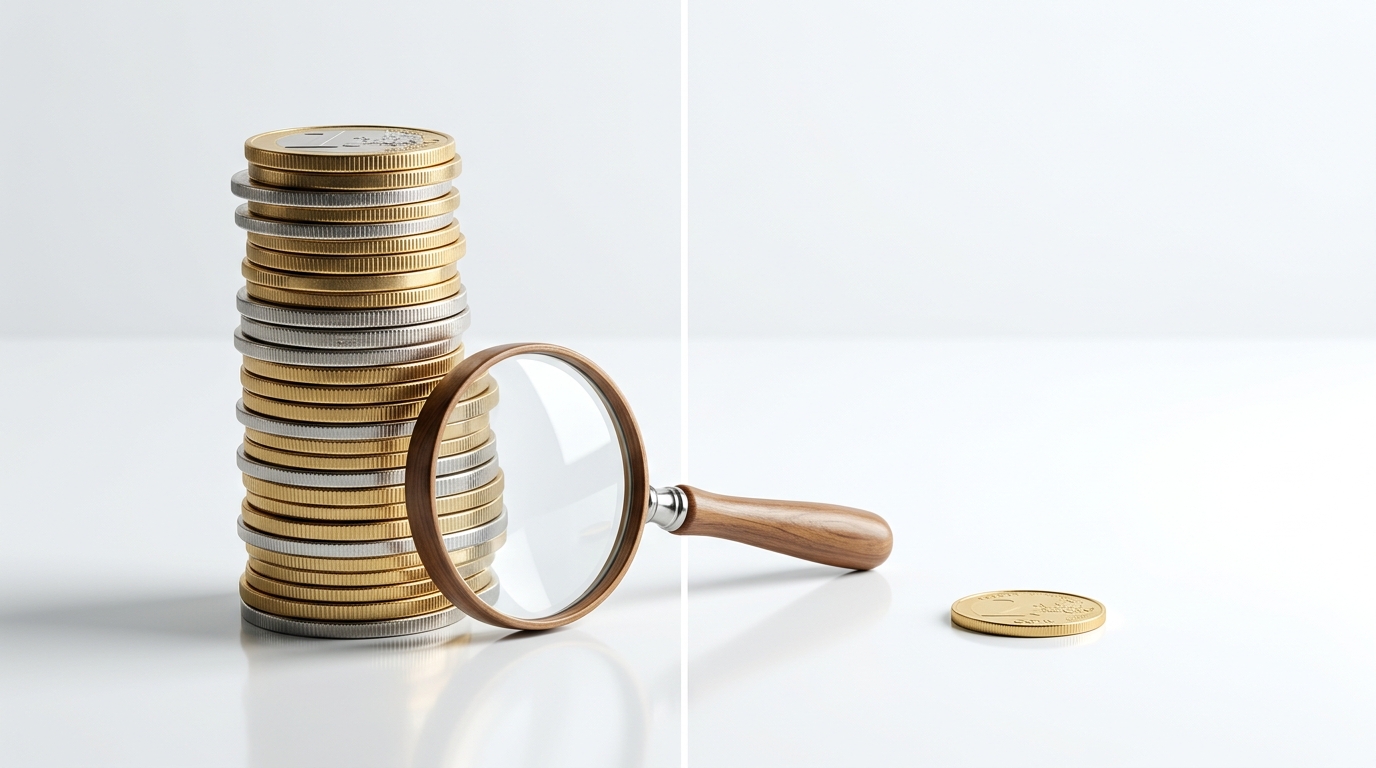 A split visual showing a heavy stack of coins on one side and a single small coin on the other, with a magnifying glass 