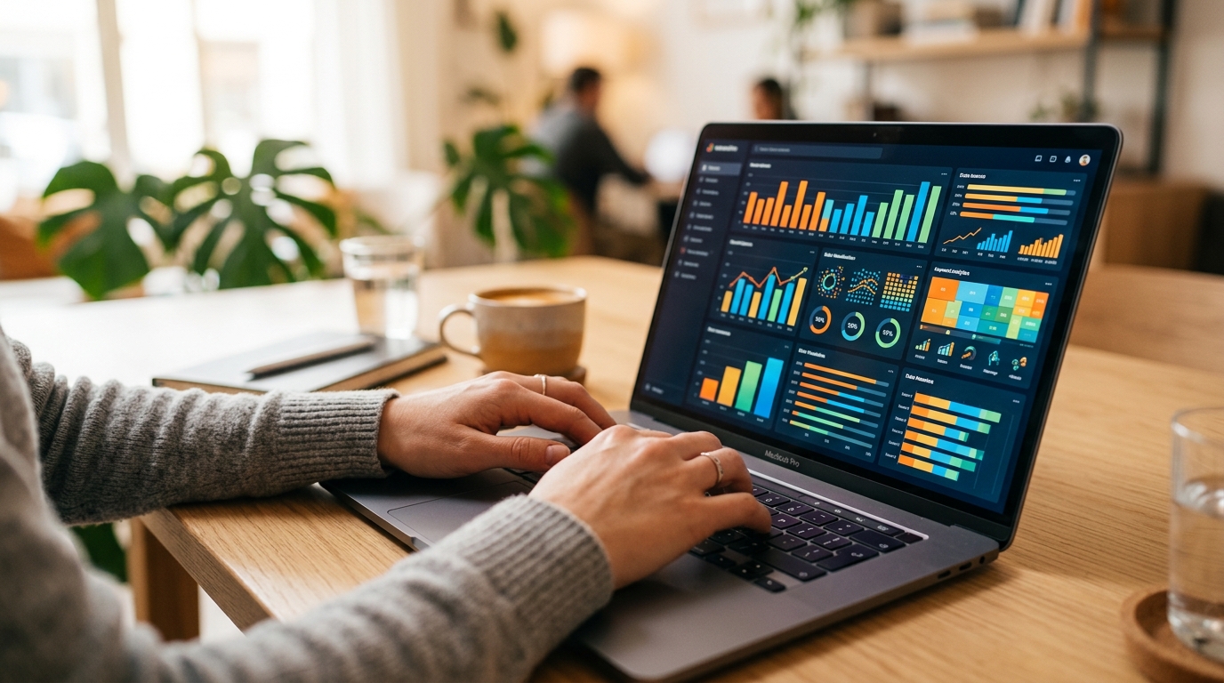 A close-up of hands typing on a laptop keyboard with a vibrant keyword analytics dashboard visible on screen, warm studi