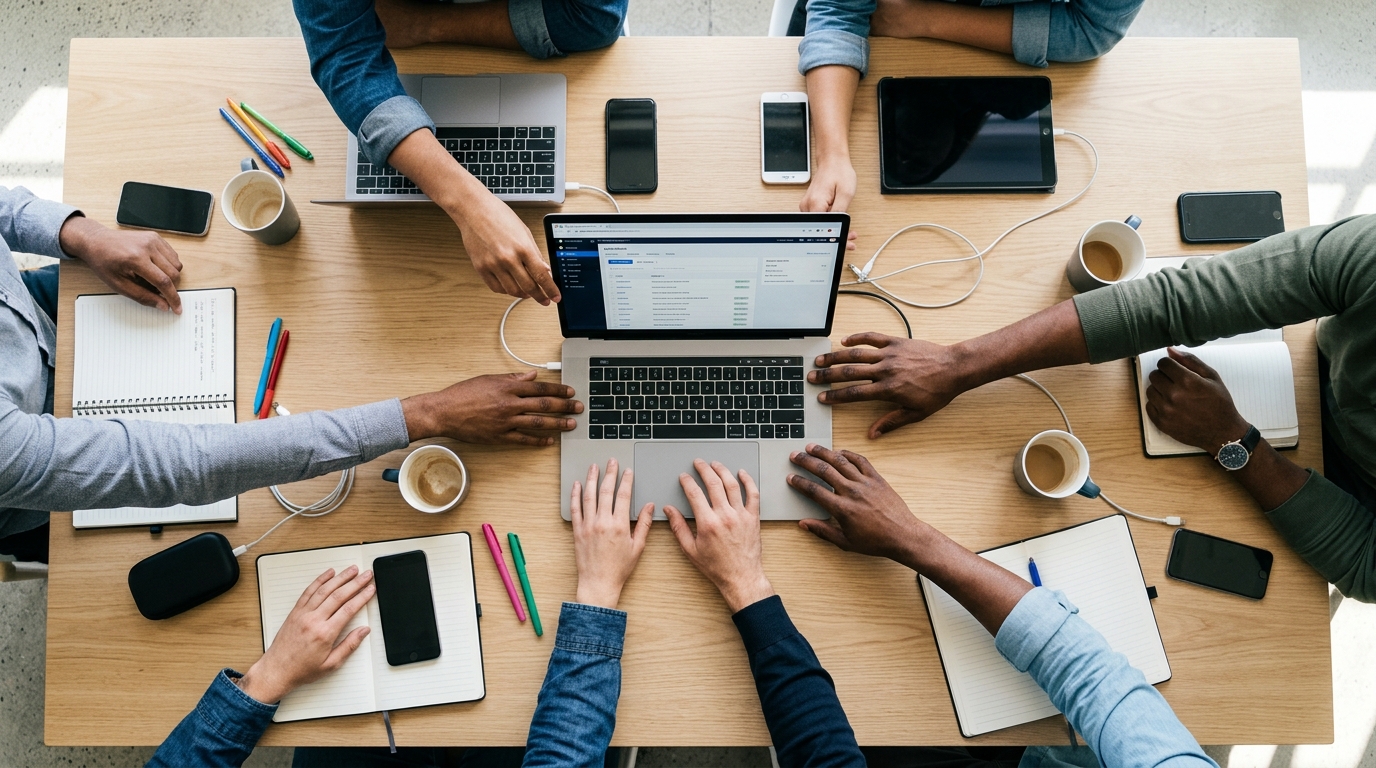 An overhead view of multiple people's hands reaching toward a shared laptop at a modern collaborative workspace table, r