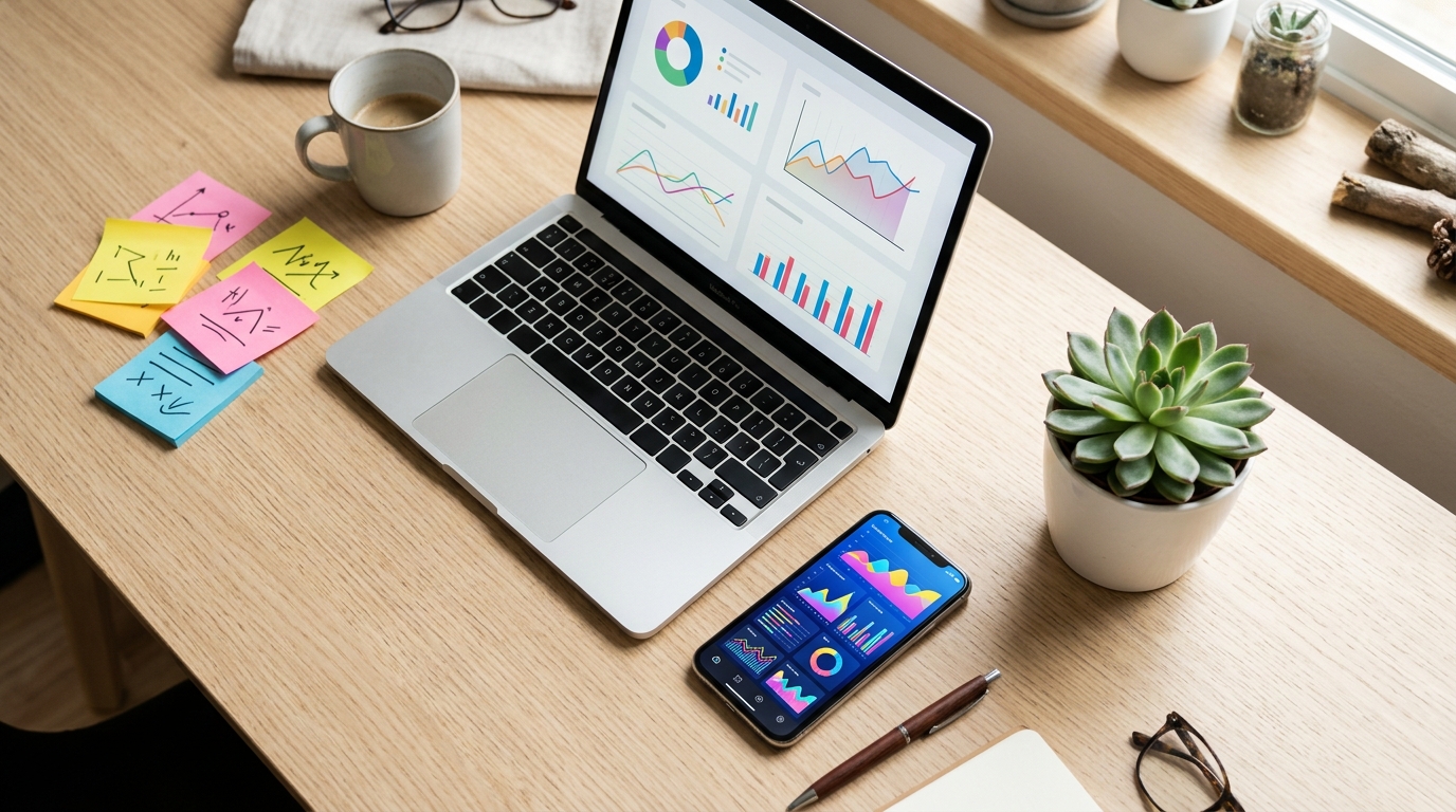 An overhead shot of a minimalist wooden desk with a laptop, scattered sticky notes, a plant, and a smartphone showing gr