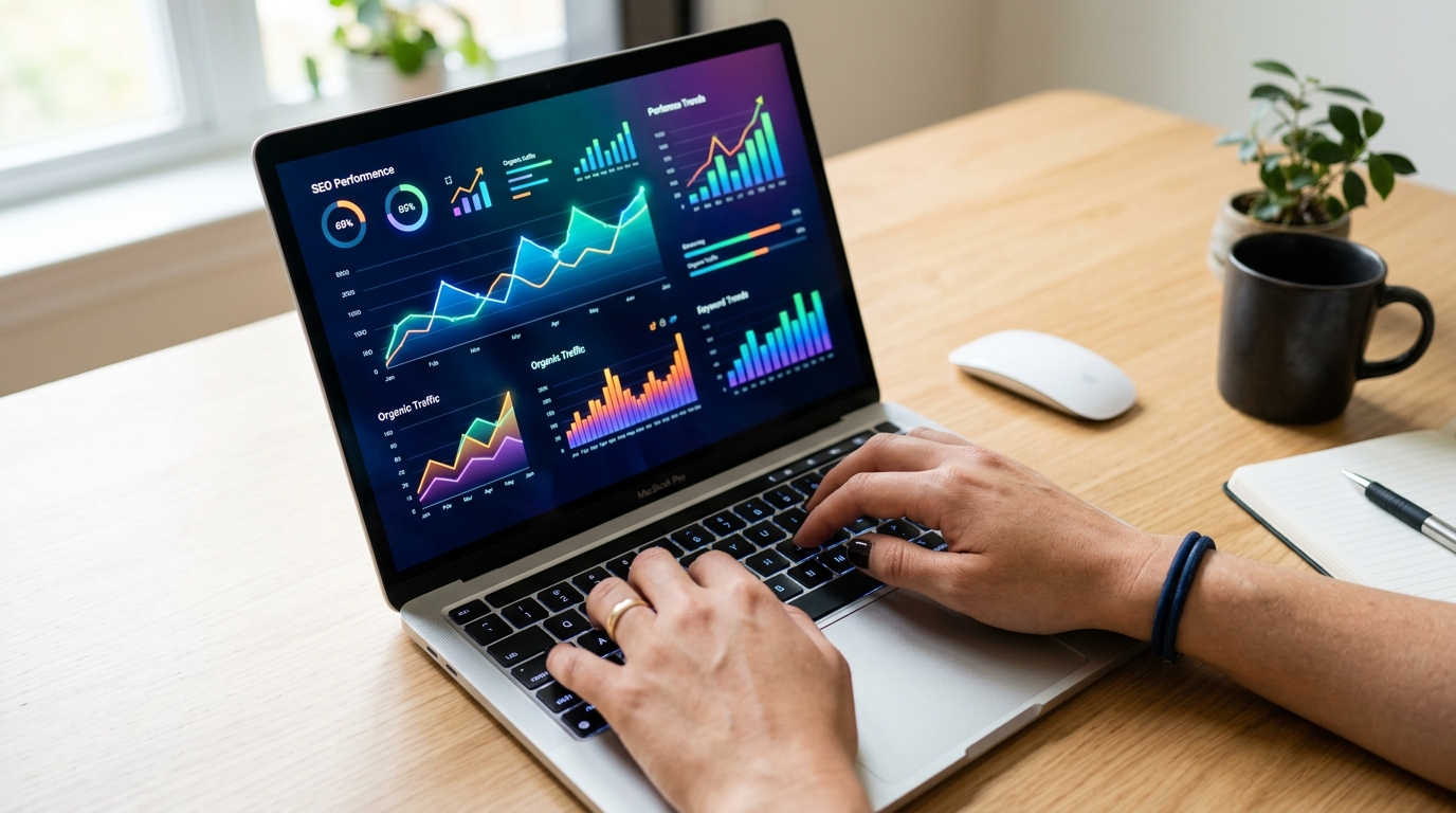 A close-up overhead shot of hands typing on a laptop keyboard with colorful SEO keyword and ranking graphs glowing on th