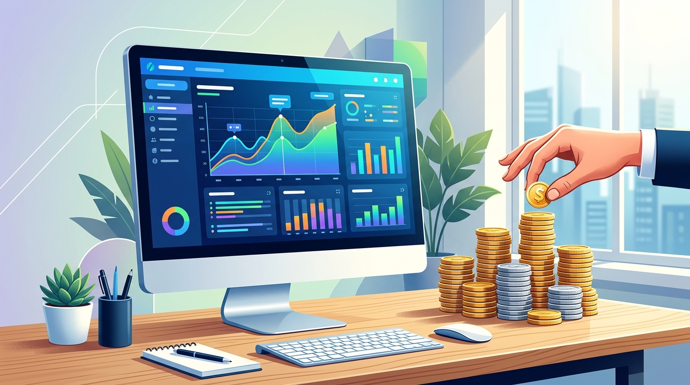 A minimalist illustration-style scene of multiple small coins being stacked beside a large professional monitor displayi