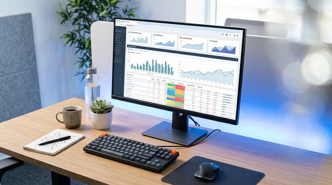 A birds-eye view of a neatly organized workspace showing multiple open browser tabs with data graphs and keyword tables 