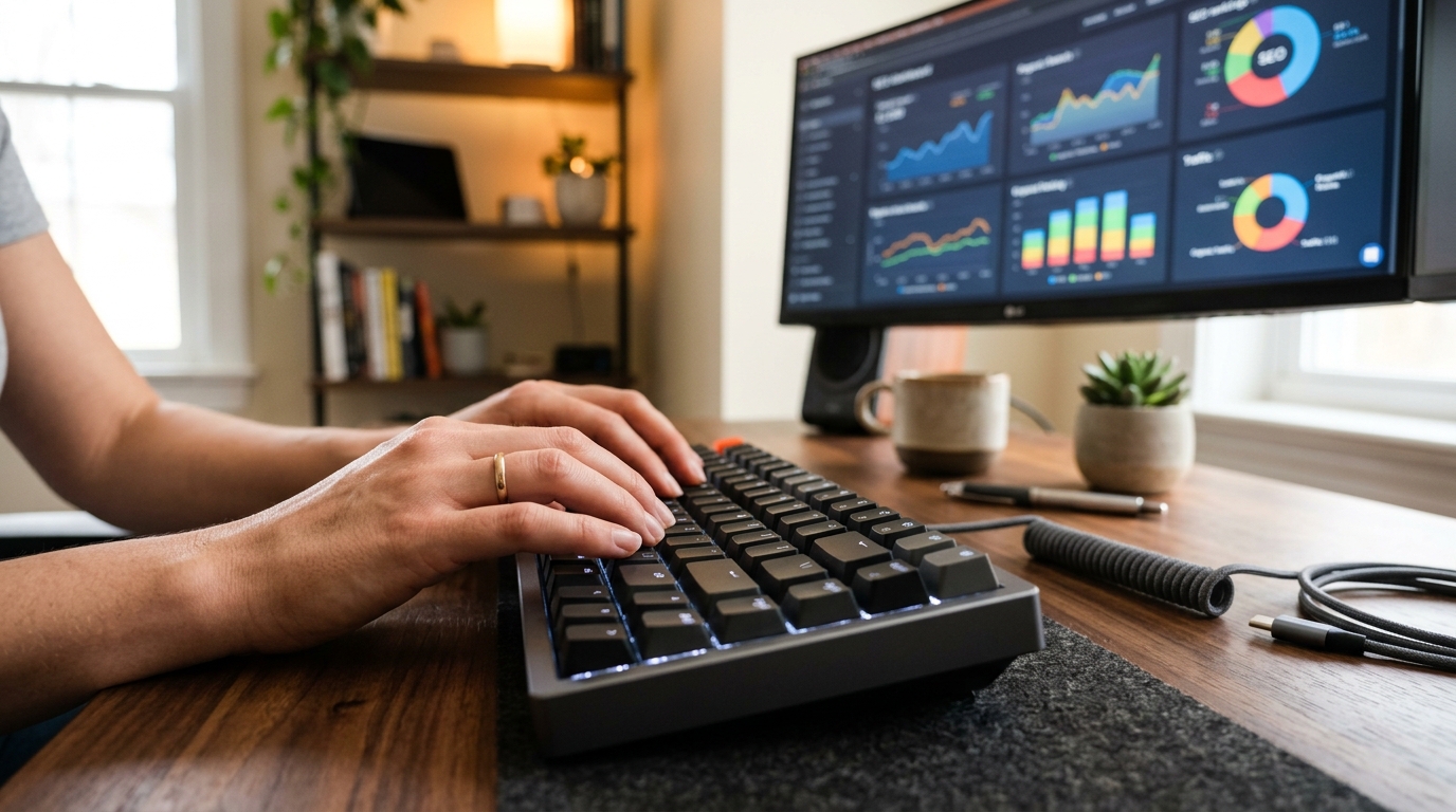A close-up of hands typing on a modern mechanical keyboard with a blurred second monitor showing SEO ranking charts in t