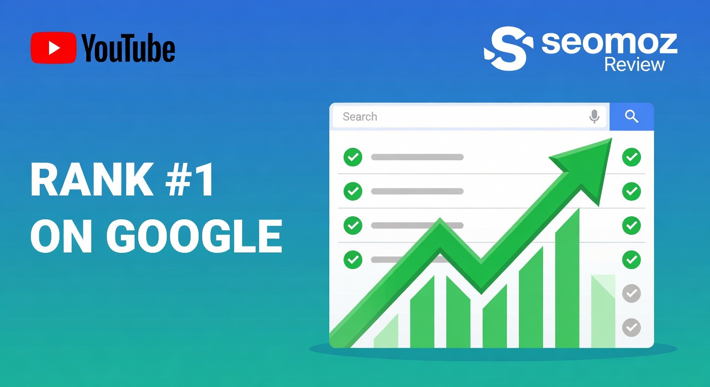 YouTube thumbnail marketing style. Bold text "RANK #1 ON GOOGLE" with Seomoz Review.
SEO gra