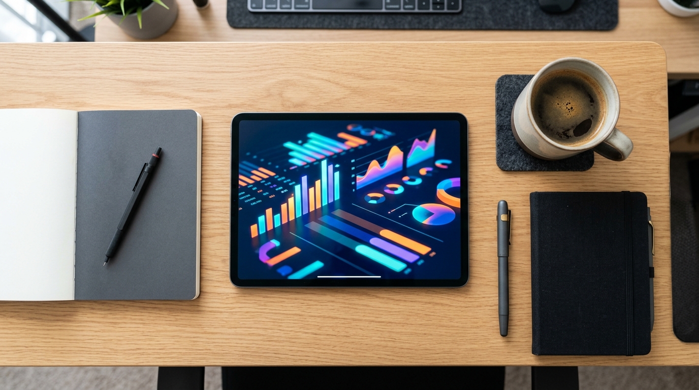 A close-up, top-down view of a digital marketer's desk showing a tablet with vibrant bar charts and data visualisations 