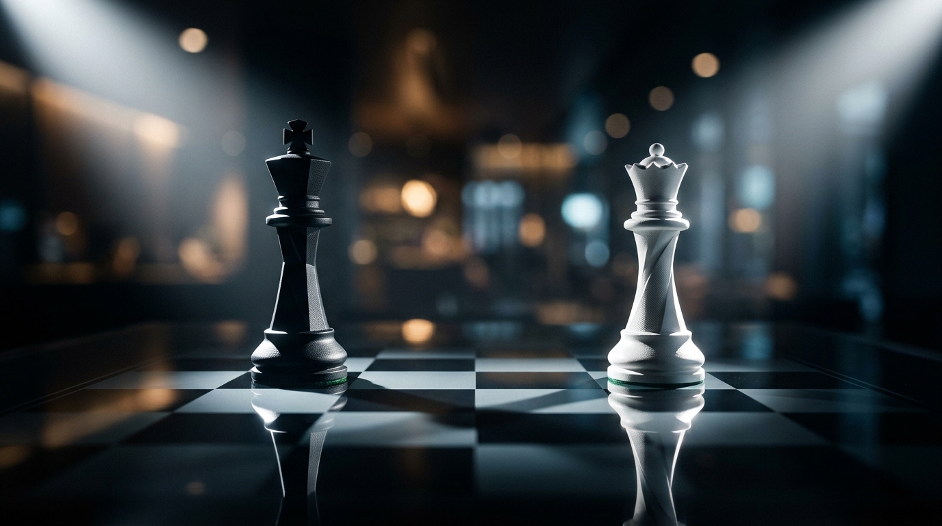An abstract visual concept showing two opposing chess pieces on a reflective dark surface under dramatic spotlight light