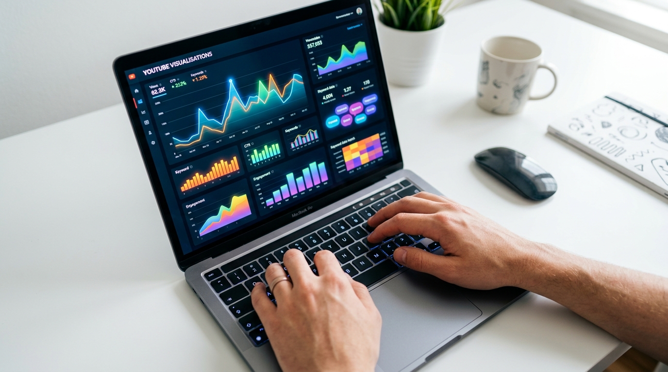 A close-up, overhead view of a person's hands typing on a laptop keyboard with vibrant graphs and keyword data visualisa