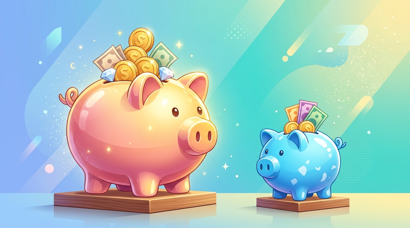 A minimalist split illustration showing two piggy banks side by side on a gradient background — one large and golden rep