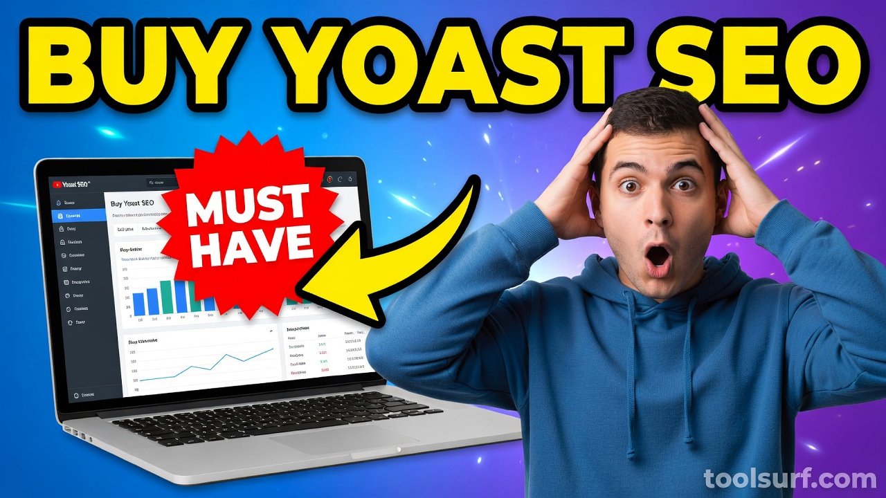YouTube thumbnail style blog featured image, 16:9 landscape. Large bold yellow blocky text with blac