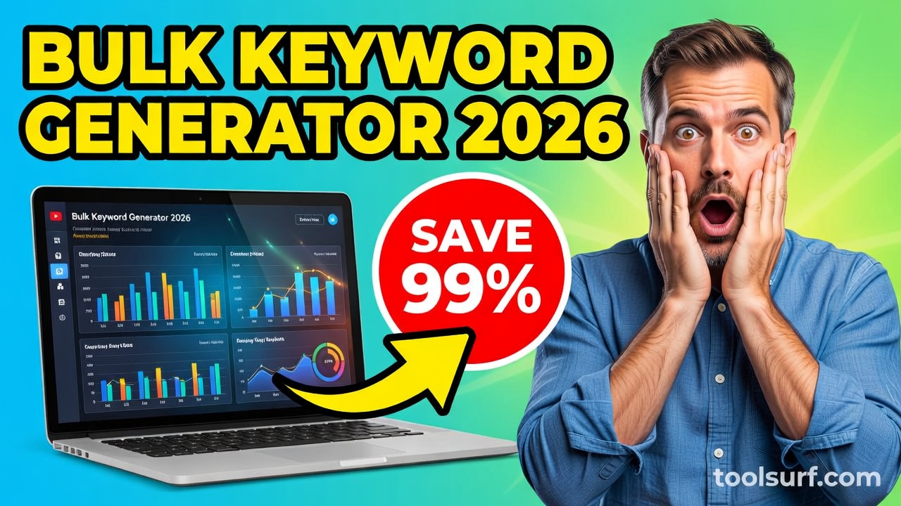 YouTube thumbnail style blog featured image, 16:9 landscape. Large bold yellow blocky text with blac